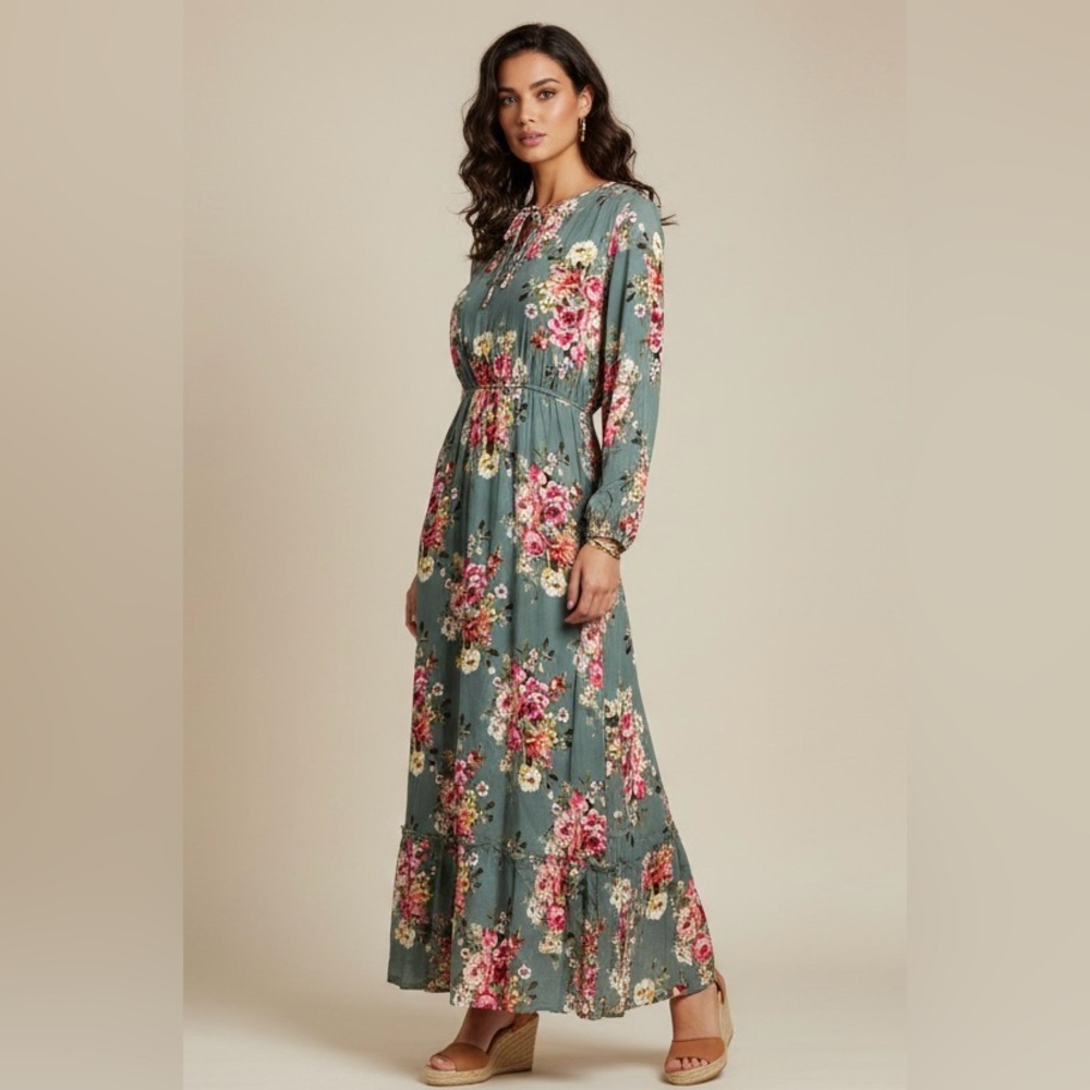 Floral Tie-Neck Maxi Dress - Dusty Green